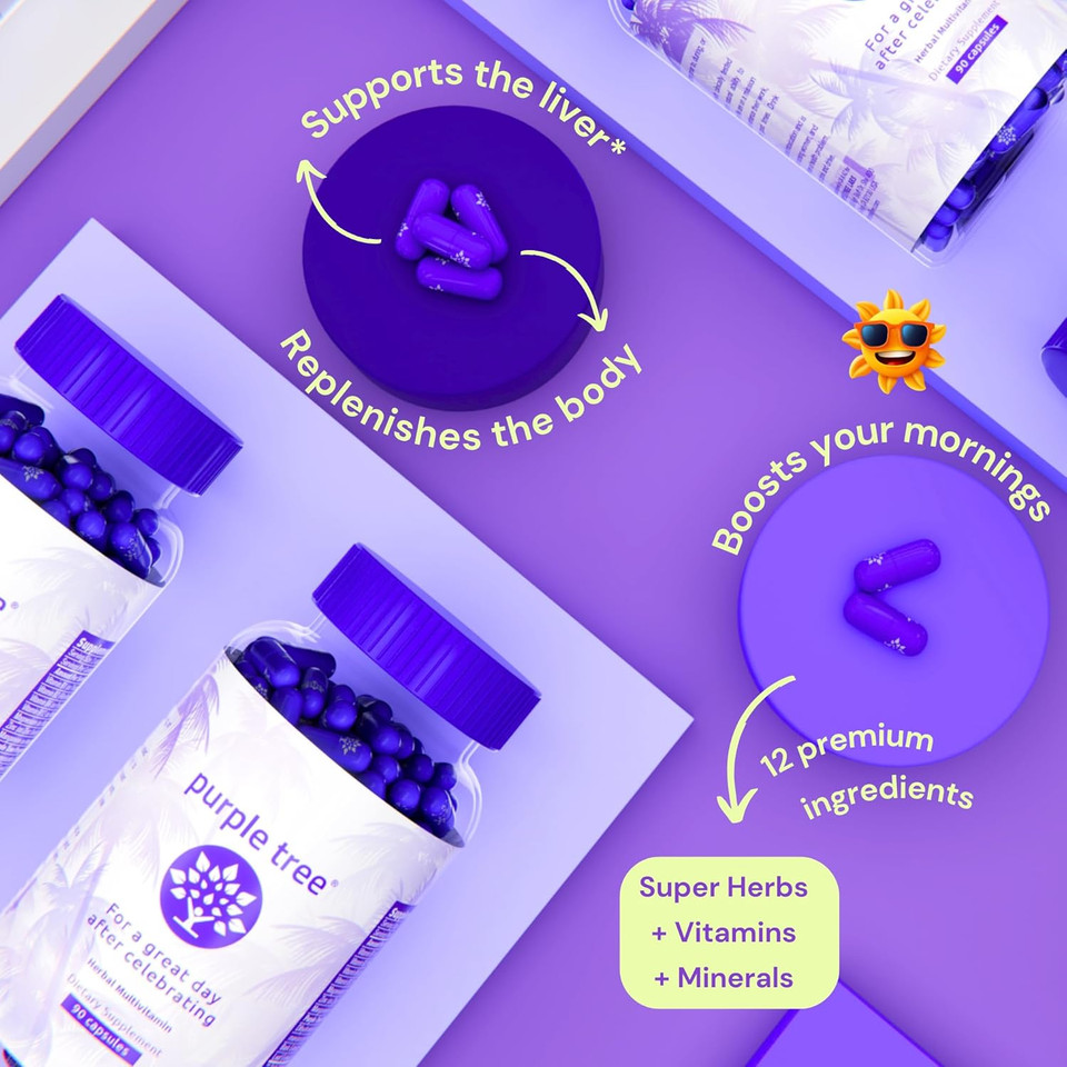 Purple Tree Post Celebration Wellness Vitamins | Liver Support, Body Replenisher, Rapid Hydration | Dihydromyricetin Dhm, Milk Thistle, Electrolytes, Vitamin B, Willow Bark, Quercetin (60 Pills)