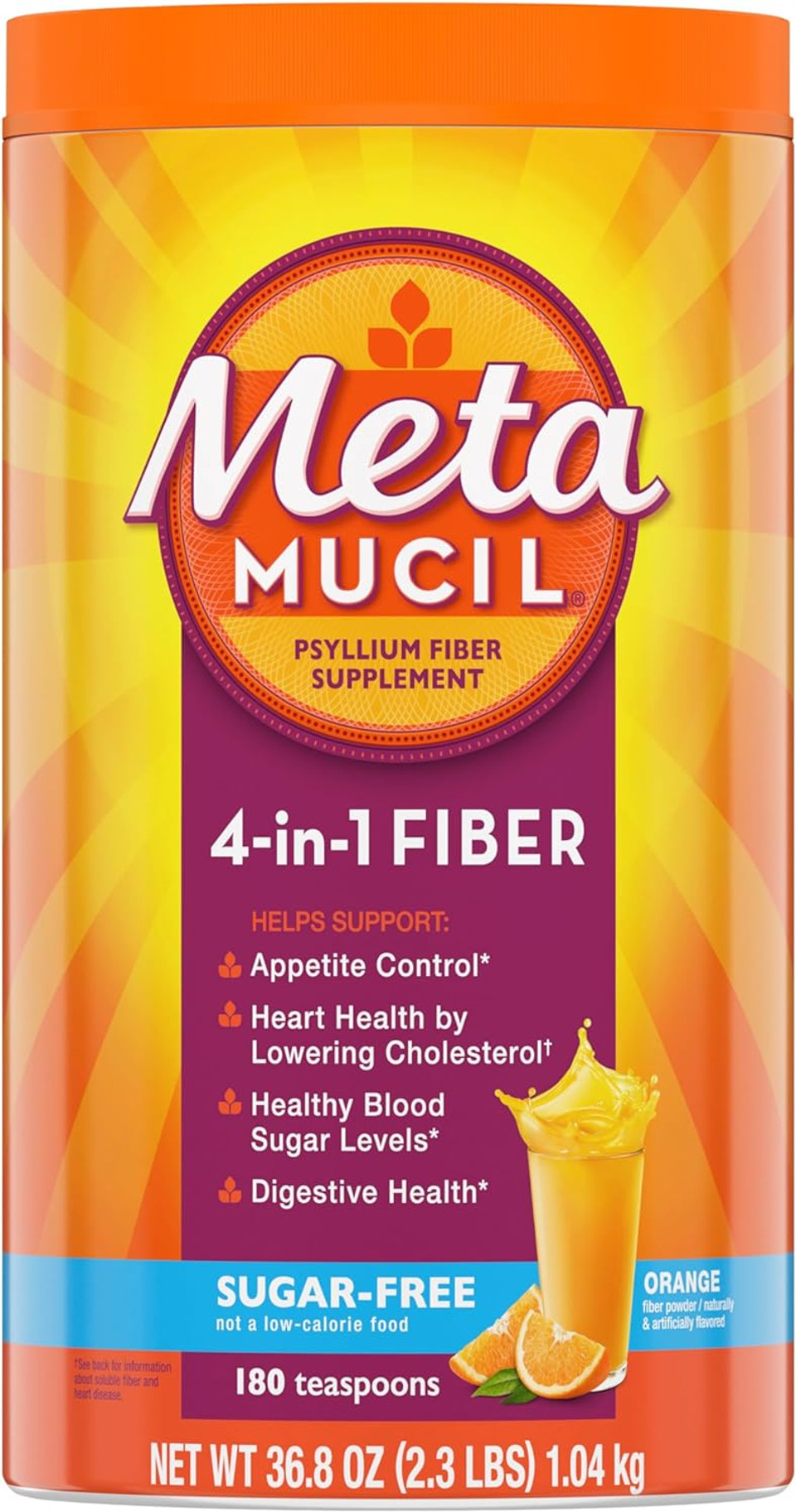 Metamucil 4-In-1 Daily Fiber Supplement, Psyllium Husk Powder For Digestive Health, Sugar-Free Fiber Supplement, Orange, Naturally Sourced Psyllium Husk Powder, 180 Teaspoons