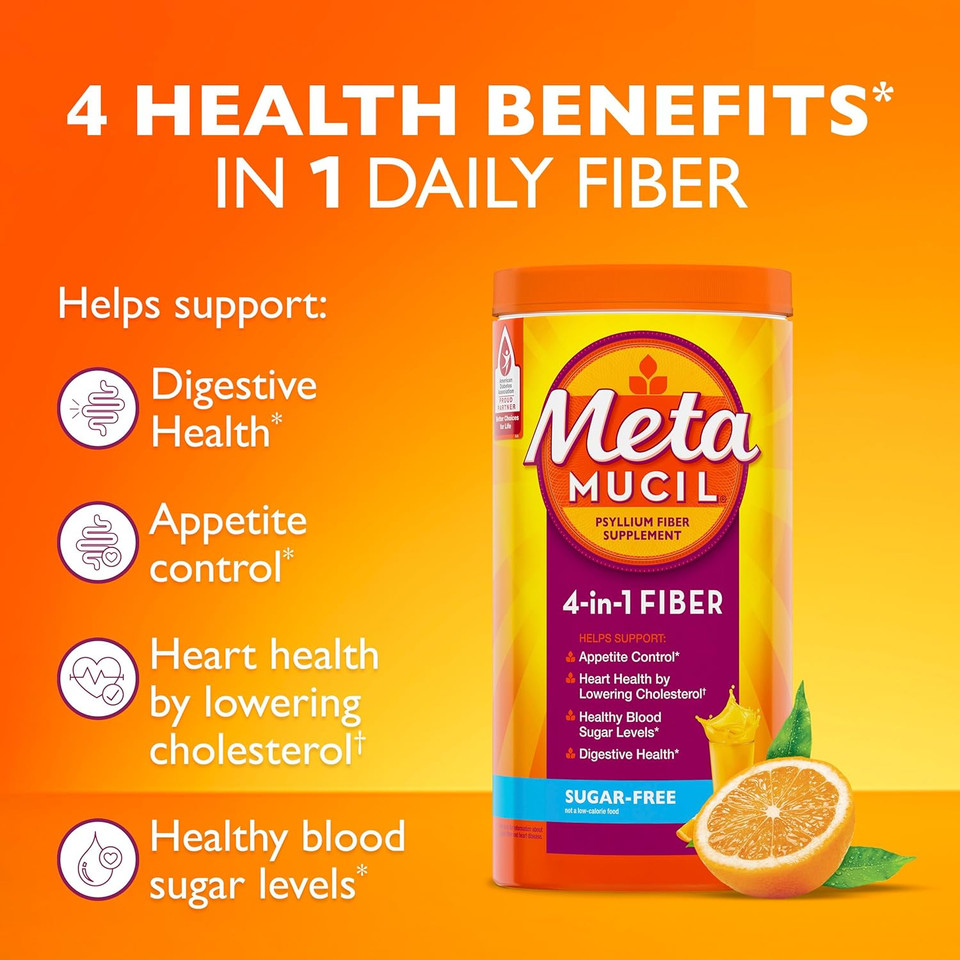 Metamucil 4-In-1 Daily Fiber Supplement, Psyllium Husk Powder For Digestive Health, Sugar-Free Fiber Supplement, Orange, Naturally Sourced Psyllium Husk Powder, 180 Teaspoons