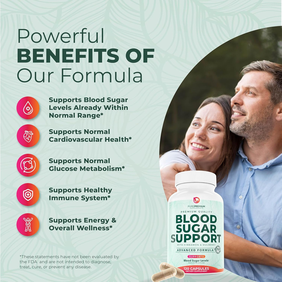 Purepremium Supplements Blood Sugar Support - Cinnamon Supplements To Support Blood Sugar Levels Already In The Normal Range - Capsules With Bitter Melon, Mulberry, Zinc, Biotin, Vitamin C - 120 Count