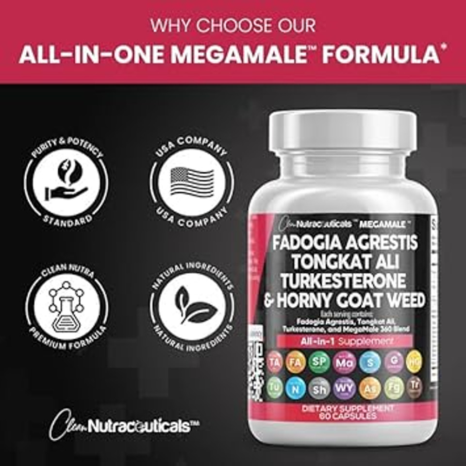 Clean Nutraceuticals Fadogia Agrestis Tongkat Ali Turkesterone Supplement With Horny Goat Weed, Saw Palmetto, Maca Root, Siberian Ginseng, Tribulus Terrestris, Fenugreek, Wild Yam - 60 Count