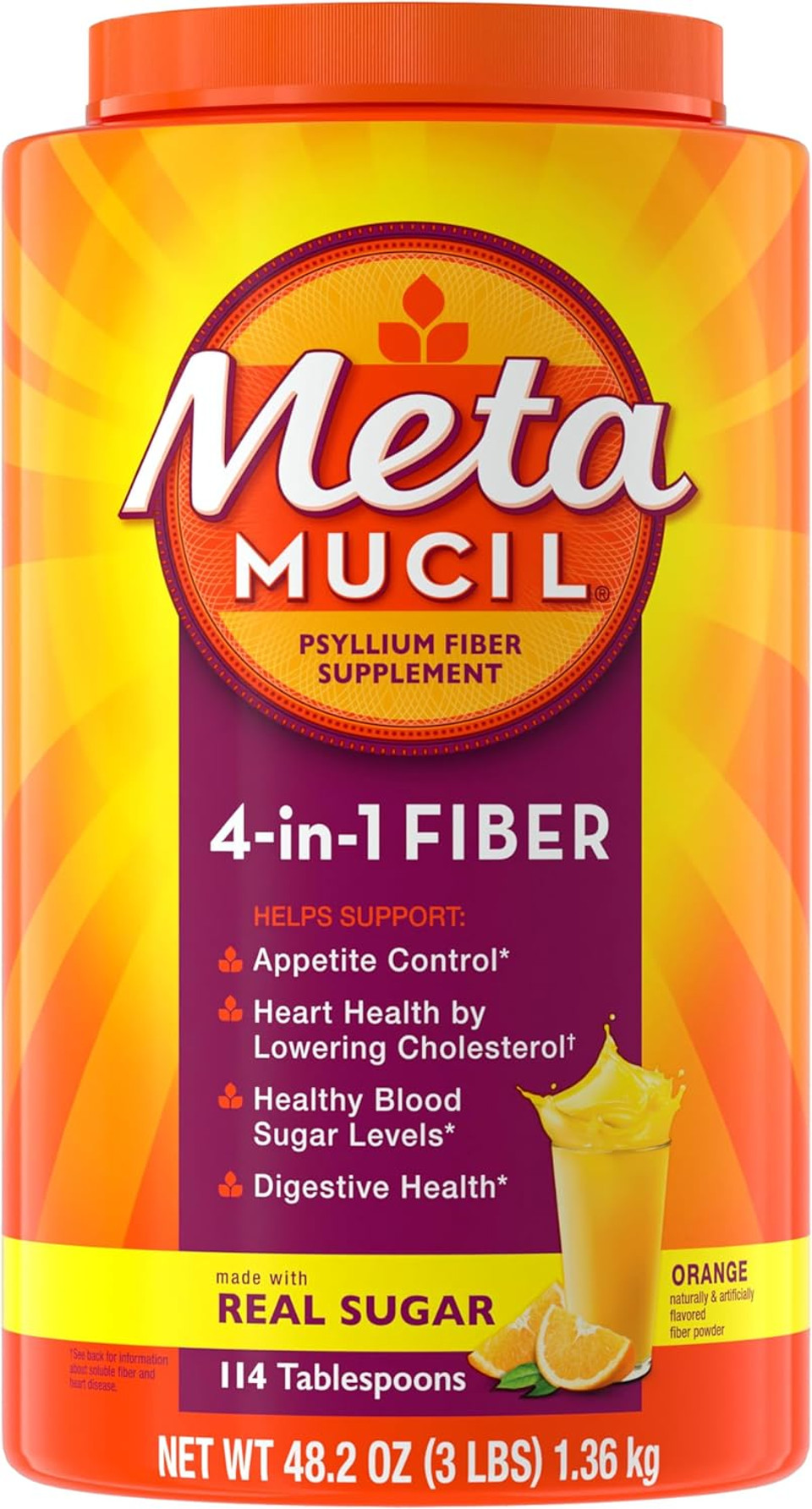 Metamucil 4-In-1 Fiber Supplement For Digestive Health, Psyllium Husk Fiber Powder, Fiber Supplement With Real Sugar, Orange Flavored, 114 Tablespoons