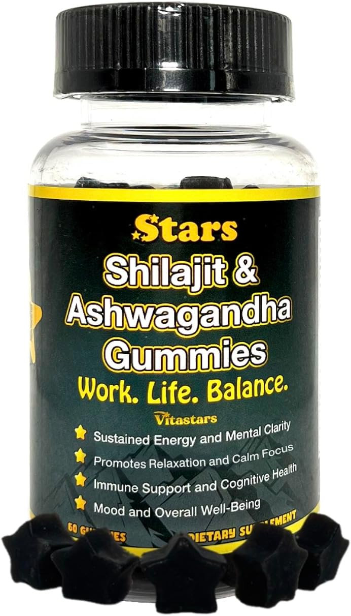 Shilajit & Ashwagandha Gummies, Shilajit Resin And Gummy Immune Support Supplement For Men And Women, Work, Life, Balance, Dietary Ashwagandha Supplements, 60 Star Shaped Gummies