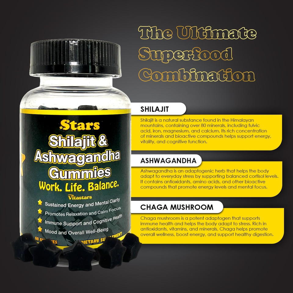 Shilajit & Ashwagandha Gummies, Shilajit Resin And Gummy Immune Support Supplement For Men And Women, Work, Life, Balance, Dietary Ashwagandha Supplements, 60 Star Shaped Gummies