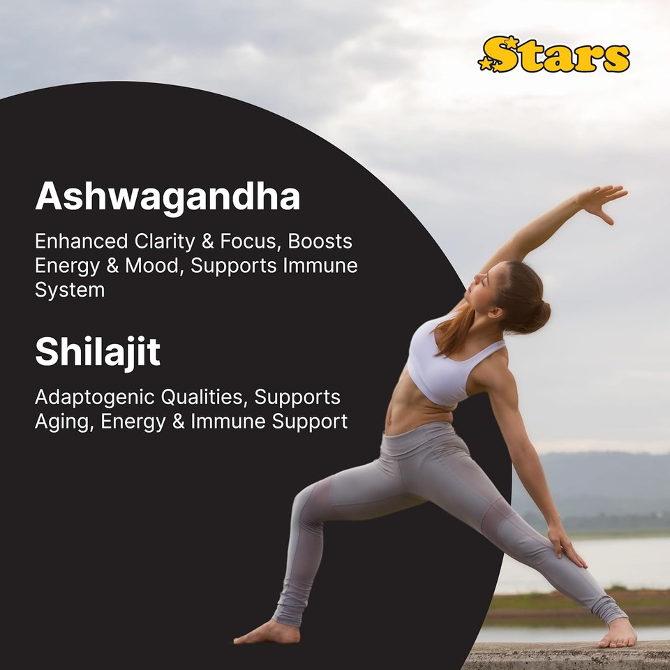 Shilajit & Ashwagandha Gummies, Shilajit Resin And Gummy Immune Support Supplement For Men And Women, Work, Life, Balance, Dietary Ashwagandha Supplements, 60 Star Shaped Gummies