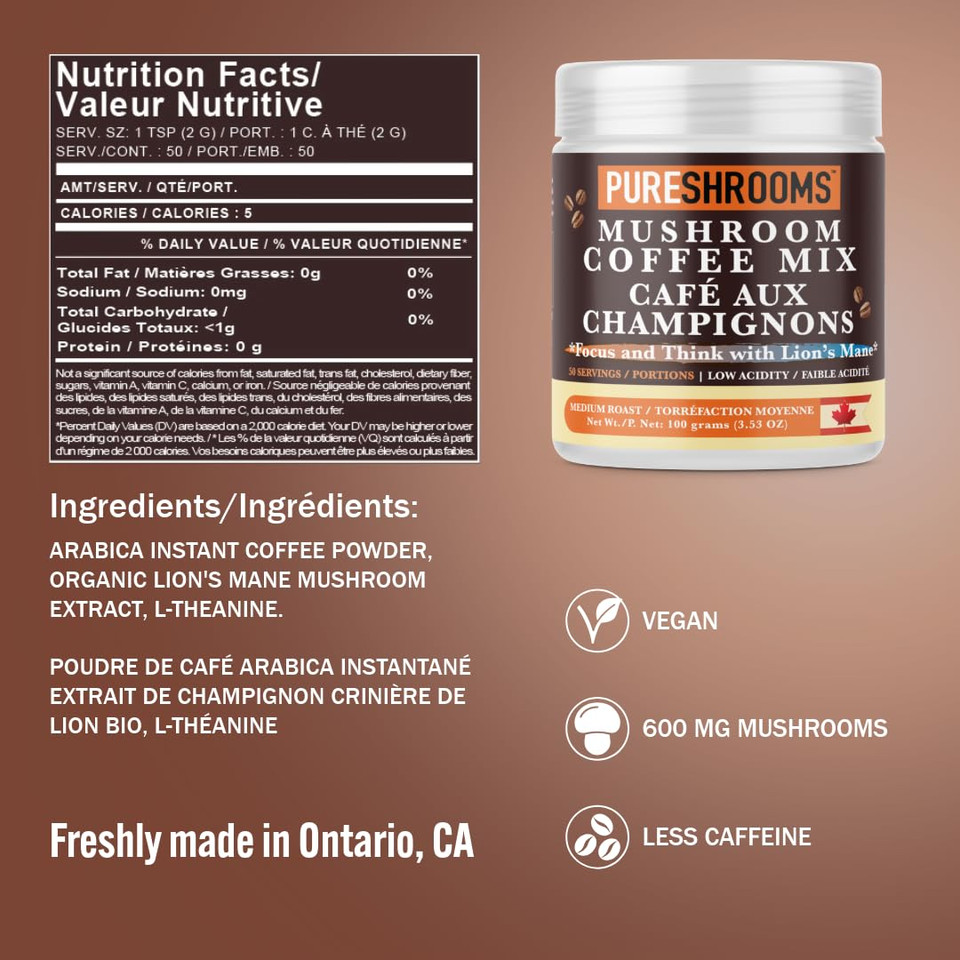 Focus & Think Instant Mushroom Coffee With Ultra Concentrated Lion'S Mane Mushroom Extract For Brain Boost - Enhance Focus, Clarity, And Concentration - Net Wt. 100G/3.53 Oz