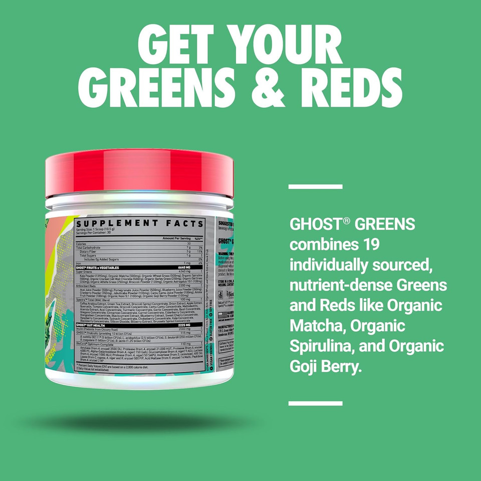 Ghost Greens Powder, Guava Berry - 30 Servings - 19 Superfood Greens & Reds Powder, Fruits, Vegetables, Spirulina, & Chlorella, Prebiotics, 10 Billion Cfu Probiotic & Digestive Enzymes - Gluten-Free
