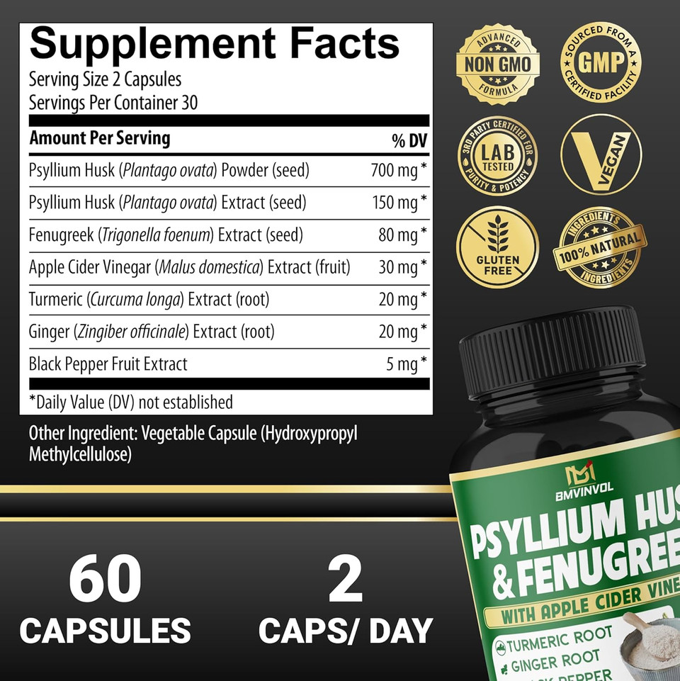 Bmvinvol 6In1 Psyllium Husk, Fenugreek, Apple Cider Vinegar, Turmeric, Ginger, Black Pepper - Soluble Fiber For Supports Digestive Health & Regularity (60 Capsules)
