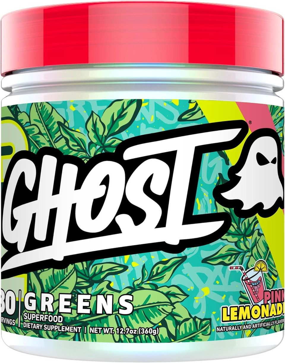 Ghost Greens Powder, Pink Lemonade - 30 Servings - 19 Superfood Greens & Reds Powder, Fruits, Vegetables, Spirulina, & Chlorella, Prebiotics, 10 Billion Cfu Probiotic & Digestive Enzymes - Gluten-Free