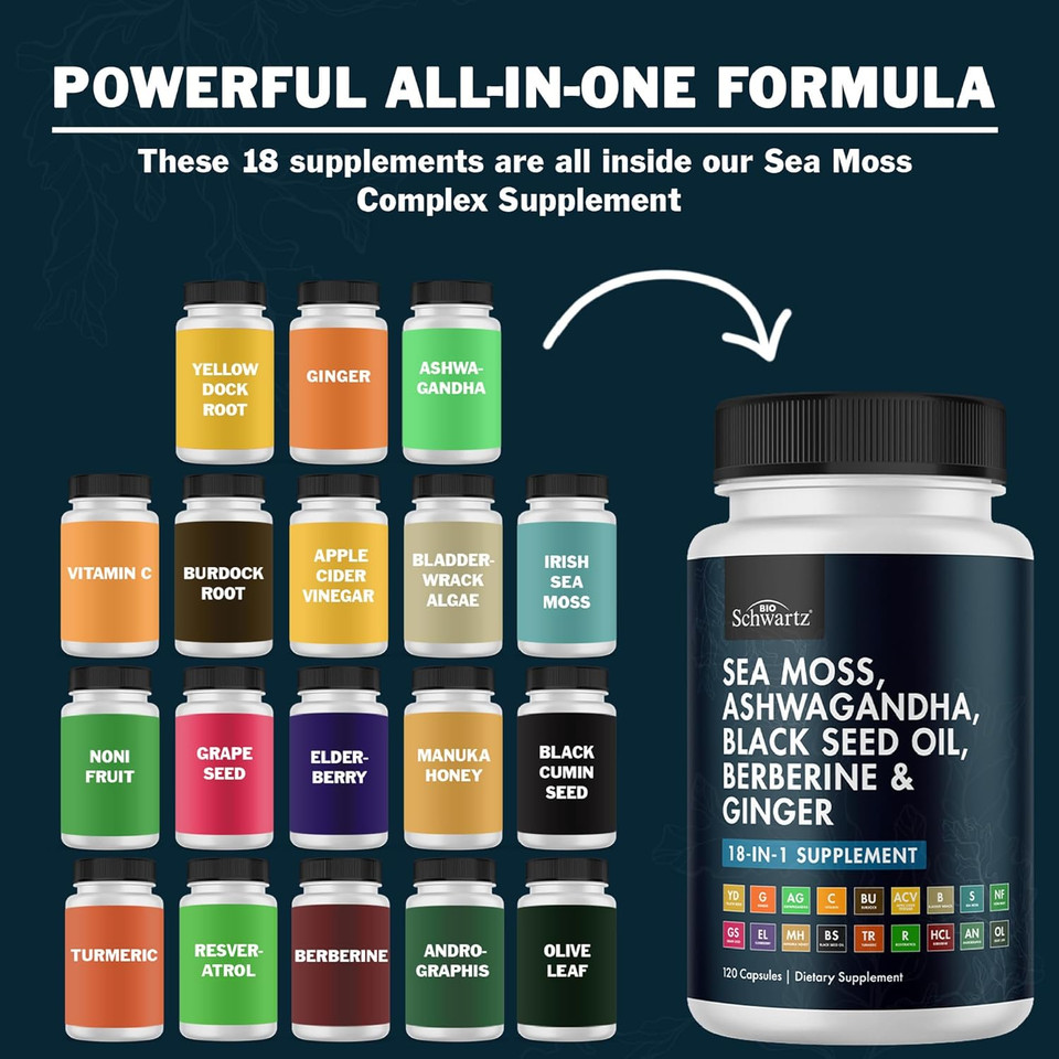 Bioschwartz Sea Moss Black Seed Oil Ashwagandha Ginger Supplement With Turmeric Berberine Hci Burdock Bladderwrack Resveratrol Elderberry Manuka Honey Apple Cider Vinegar Acv - 120 Sea Moss Capsules