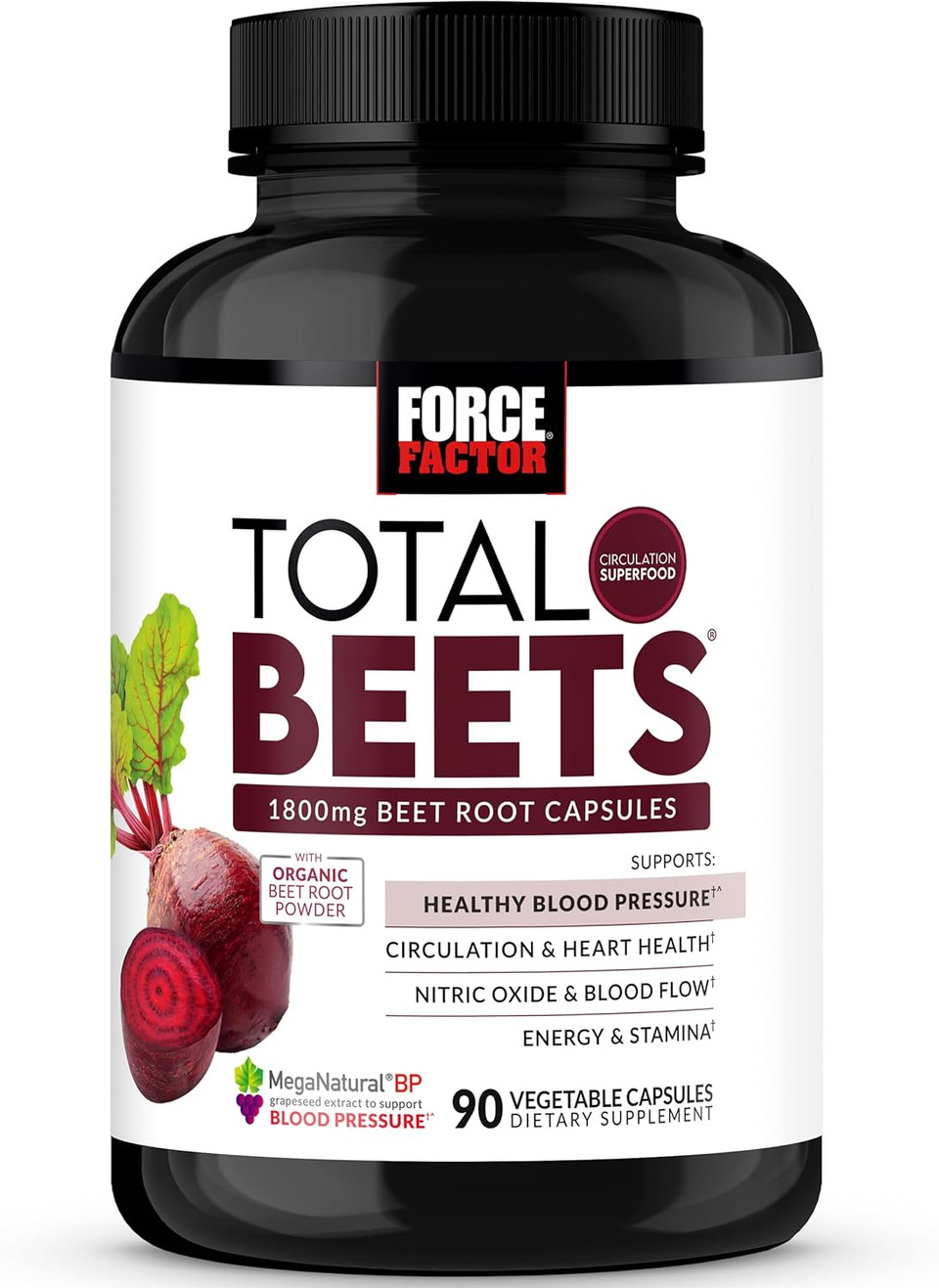 Force Factor Total Beets Blood Pressure Support Beet Root Capsules, 1800Mg Organic Beet Root Powder Supplement With Hawthorn Berry To Support Circulation And Blood Flow, 180 Vegetable Capsules
