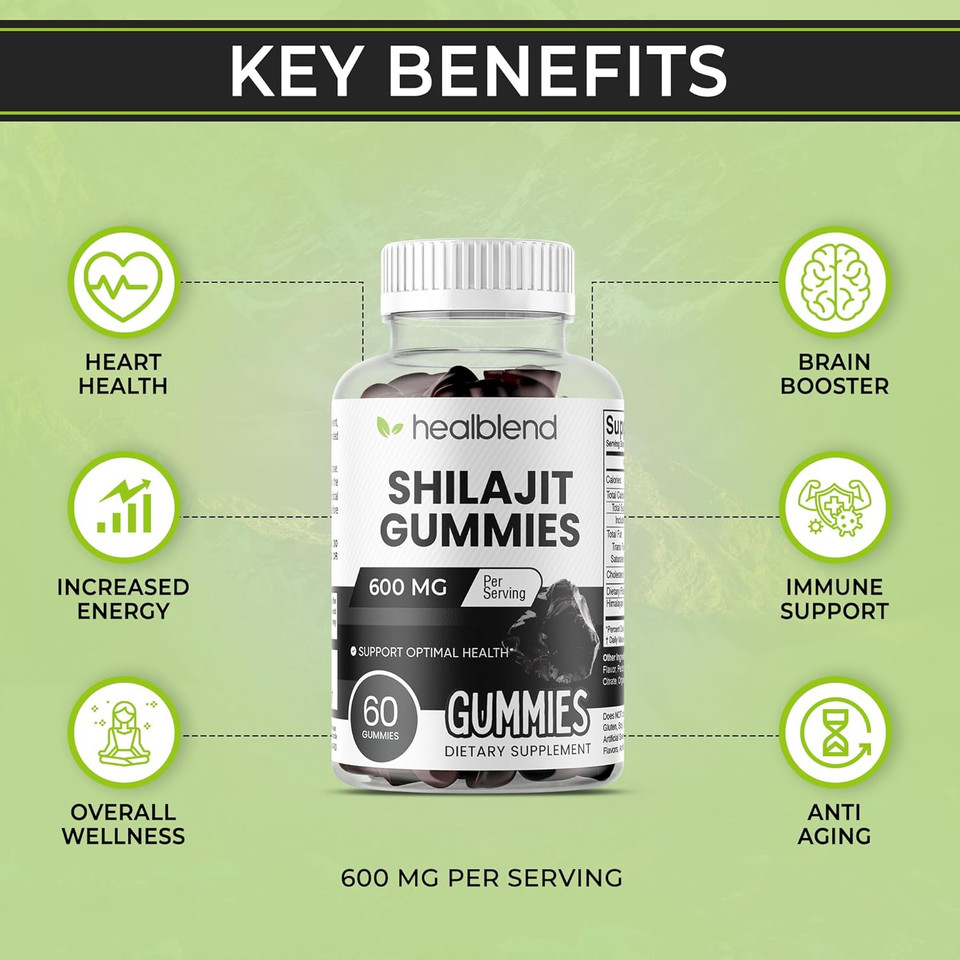 Healblend Organic Himalayan Shilajit Gummies 600Mg - Optimal Health, Energy & Immunity Support For Men & Women, Natural Fruit Flavor - 60 Gummy (1)