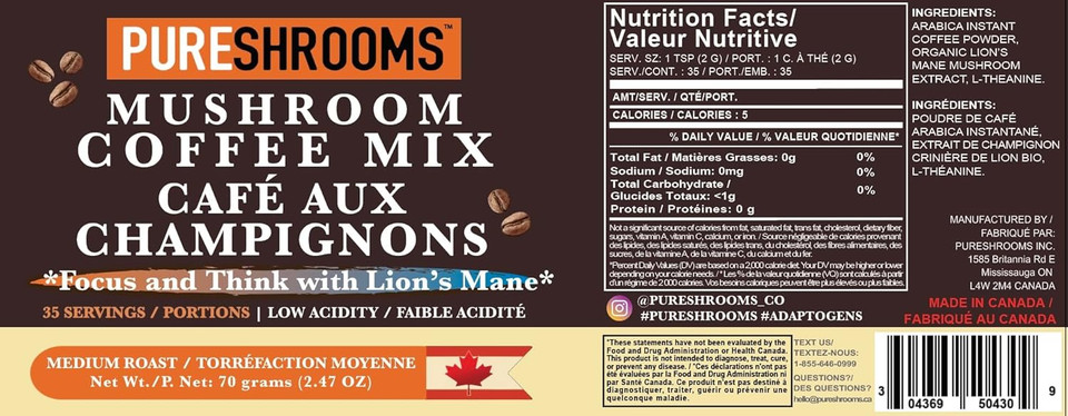 Focus & Think Instant Mushroom Coffee With Ultra Concentrated Lion'S Mane Mushroom Extract For Brain Boost - Enhance Focus, Clarity, And Concentration - Net Wt. 70G/2.47 Oz