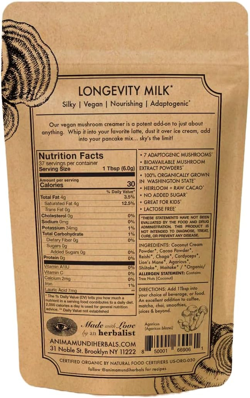 Anima Mundi Apothecary Mushroom Mocha Milk - Organic Dairy-Free Creamer With Coconut, 7 Mushrooms & Cacao - Vegan Powder For Coffee, Tea & More (8Oz / 227G) Anima Mundi Apothecary Mushroom Mocha Milk - Organic Dairy-Free Creamer With Coconut, 7 Mushrooms & Cacao - Vegan Powder For Coffee, Tea & More (8Oz / 227G)