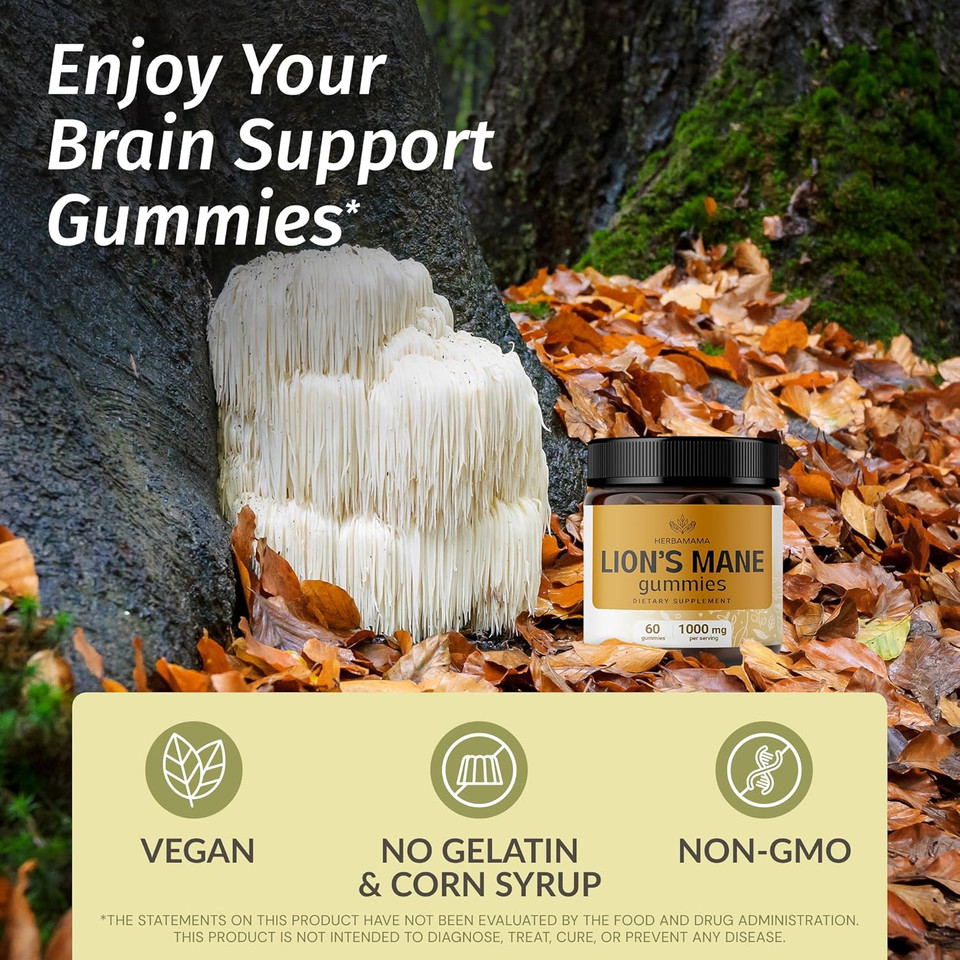 Herbamama Lion'S Mane Gummies - 1000Mg Lion'S Mane Mushroom For Brain Clarity Support - Vegan, Non-Gmo Focus Supplement For Adults - 60 Pectin-Based Apple-Flavored Chews
