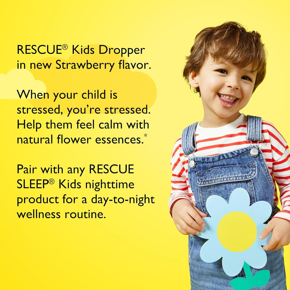 Bach Rescue Kids Dropper, Natural Strawberry Flavor, Stress Relief For Children, Calming Aid, Homeopathic, Flower Essences, 10Ml