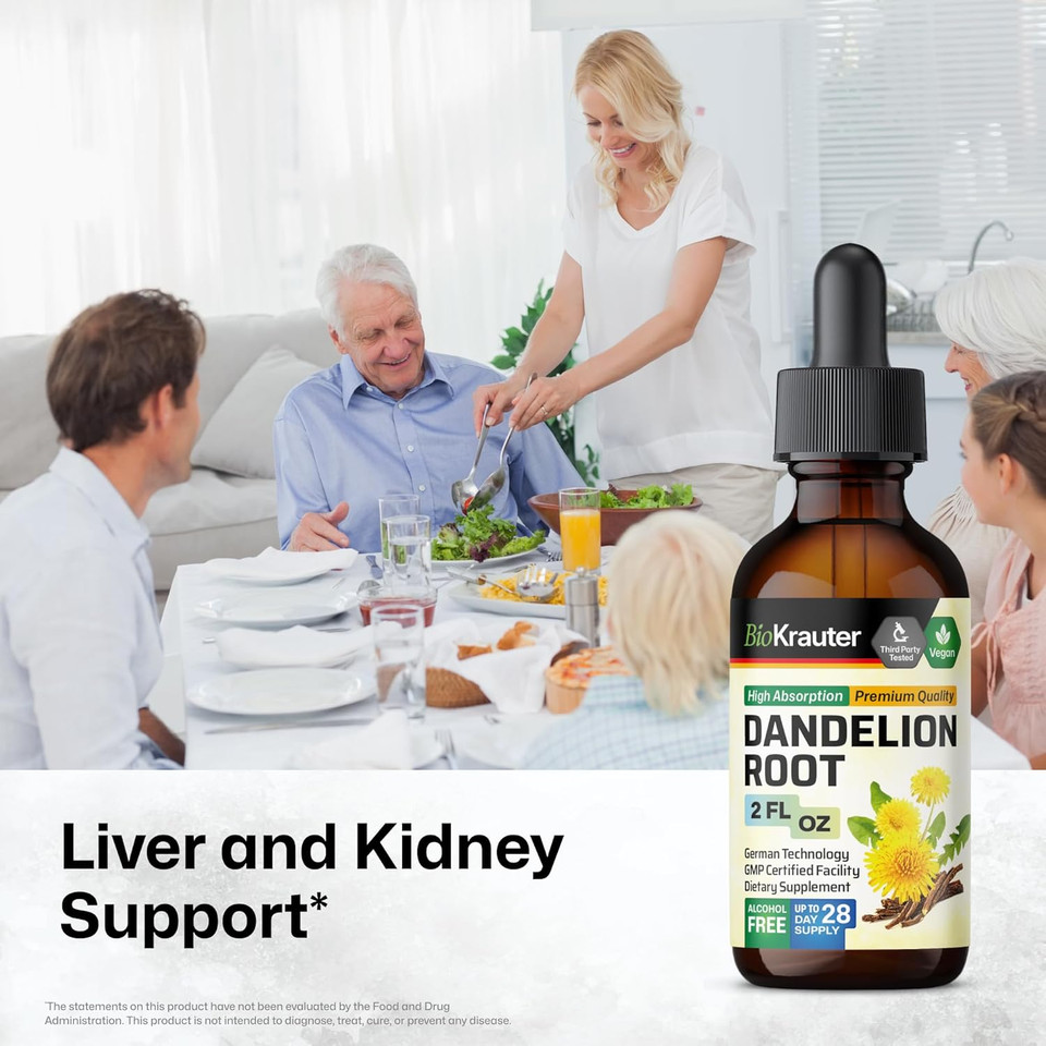 Bio Krauter Dandelion Tincture - Pure Dandelion Root Supplement For Liver & Kidney Support - 4 Fl. Oz - 56 Days Of Supply - Vegan Extract Liquid Drops Non-Gmo, No Fillers, No Sugar & Non-Alcohol