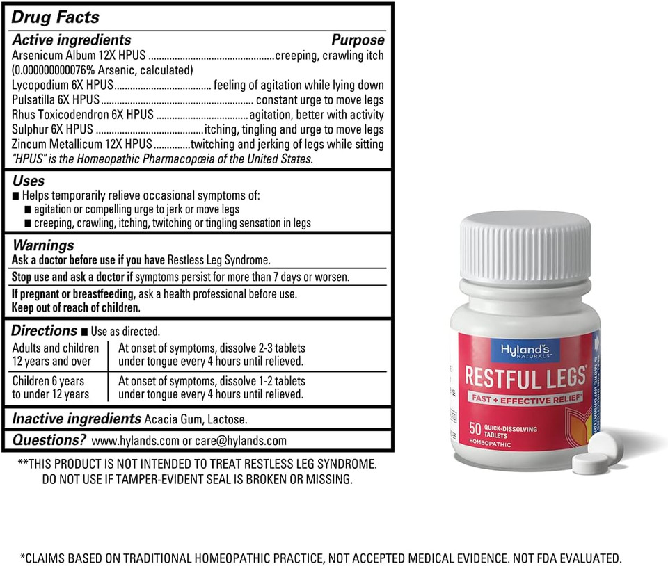 Hyland'S Restful Legs Pm, Nighttime Formula, Calms Agitated Legs So You Can Sleep, 50 Quick Dissolving Tablets