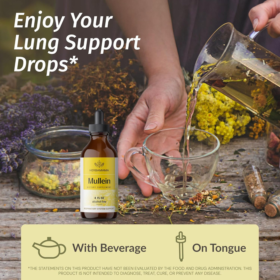 Herbamama Mullein Drops For Lungs - Herbal Lung Cleanse Support For Families & Vegans - Alcohol & Sugar-Free, Non-Gmo Respiratory Supplement With Mullein Leaf Extract - 98% Absorption - 56-Day Supply