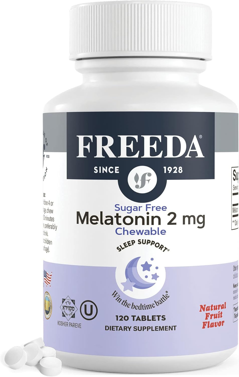 Freeda Melatonin 2Mg Sugar-Free Chewables  Natural Sleep Aid For Adults & Kids  Vegan, Kosher, Gluten-Free, Non-Gmo, Easy Bedtime Support  60 Tablets