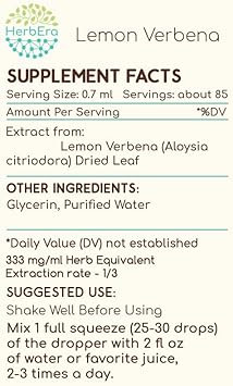 Lemon Verbena B120 Alcohol-Free Herbal Extract Tincture, Lemon Verbena (Aloysia Citriodora) Dried Leaf (4 Fl Oz)