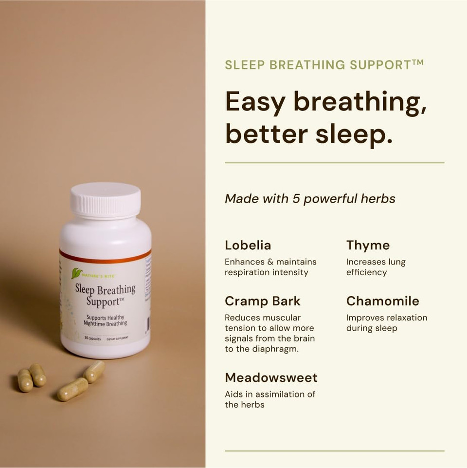 Nature'S Rite Sleep Breathing Support - Natural Assistance For Better Sleep, Improve Breathing Pattern, 30 Capsules, All-Natural Herbal Ingredients, Made In Usa