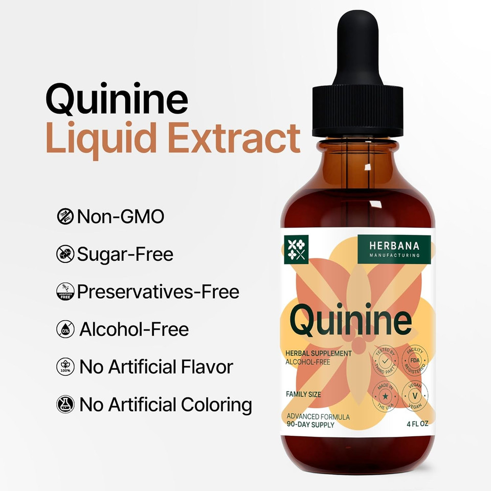 Quinine Liquid Extract 4 Fl Oz - Supplement For Digestive Health Support - Natural Liquid Drops - Cinchona Officinalis Bark - Tincture For Cramp Defense For Man & Woman - High Potency - 90-Day Supply