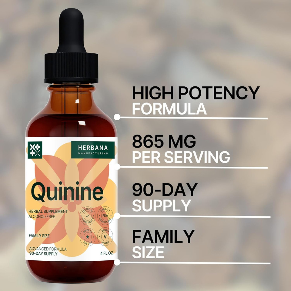 Quinine Liquid Extract 4 Fl Oz - Supplement For Digestive Health Support - Natural Liquid Drops - Cinchona Officinalis Bark - Tincture For Cramp Defense For Man & Woman - High Potency - 90-Day Supply