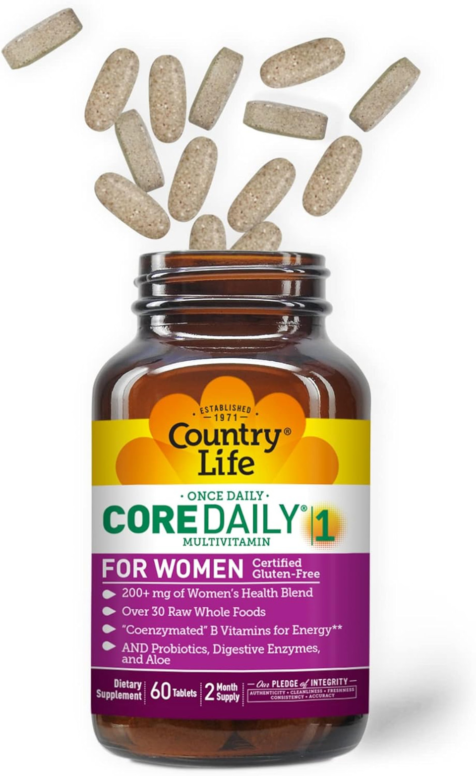 Country Life WomenS Core 1 Daily Multivitamin With Iron, Cranberry, Probiotics, And Digestive Enzymes-Certified Gluten-Free Formula For Energy, Immune Support And Complete Digestive Health,60 Tablets