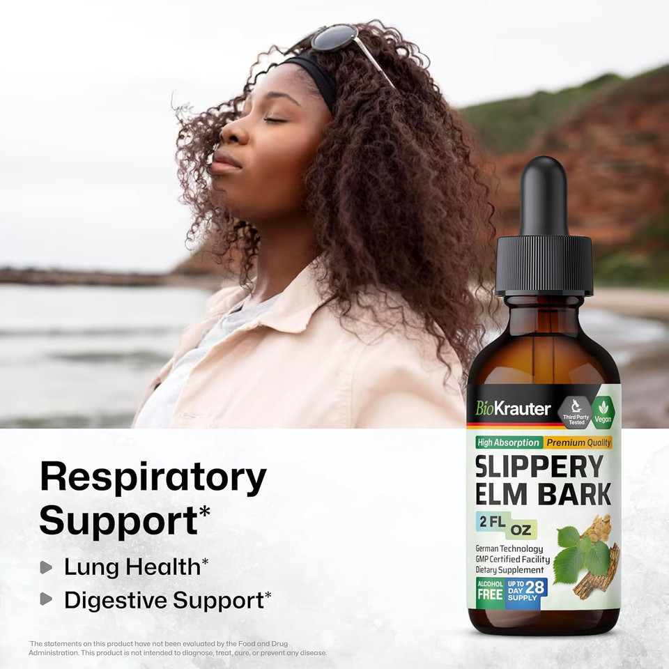 Bio Krauter Slippery Elm Bark Drops - Ulmus Rubra Slippery Elm For Women And Men - Respiratory & Digestive Support - Vegan, Alcohol & Sugar Free Extract - 4 Fl.Oz