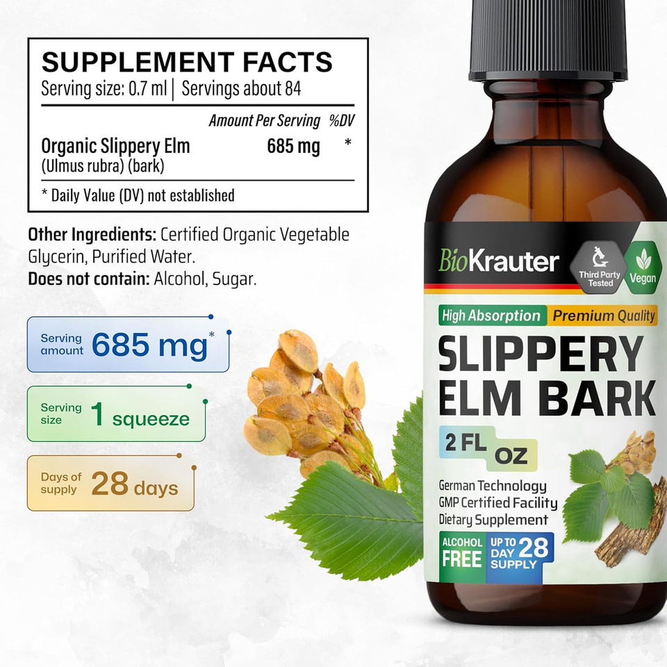 Bio Krauter Slippery Elm Bark Drops - Ulmus Rubra Slippery Elm For Women And Men - Respiratory & Digestive Support - Vegan, Alcohol & Sugar Free Extract - 4 Fl.Oz