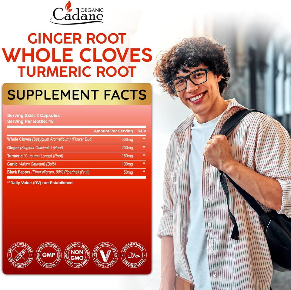 Organic Cadane 5-In-1 Whole Cloves Herbal Blend | Digestive & Immune Support | Clove, Ginger, Turmeric, Garlic, And Black Pepper | Non-Gmo, Vegan  90 Capsules  45-Day Supply