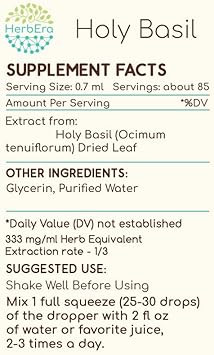 Holy Basil B60 Alcohol-Free Herbal Extract Tincture, Concentrated Liquid Drops Natural Holy Basil (Ocimum Tenuiflorum) Dried Herb (2 Fl Oz)