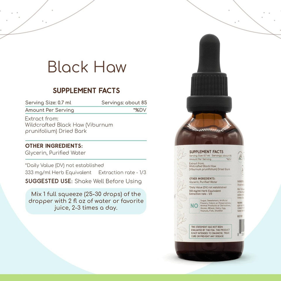Black Haw B120 Alcohol-Free Herbal Extract Tincture, Super-Concentrated Black Haw (Ying Ye Jia Mi, Viburnum Prunifolium) (4 Fl Oz)