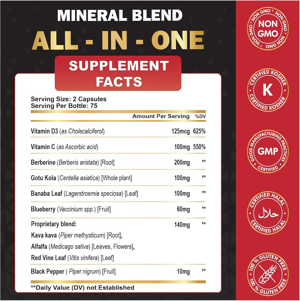 Organic Cadane Premium Berberine Extract 35:1 - Berberine Supplement 10In1 With Gotu Kola, Banaba Leaf & More - 150 Capsules For Immunity & Digestion System Support