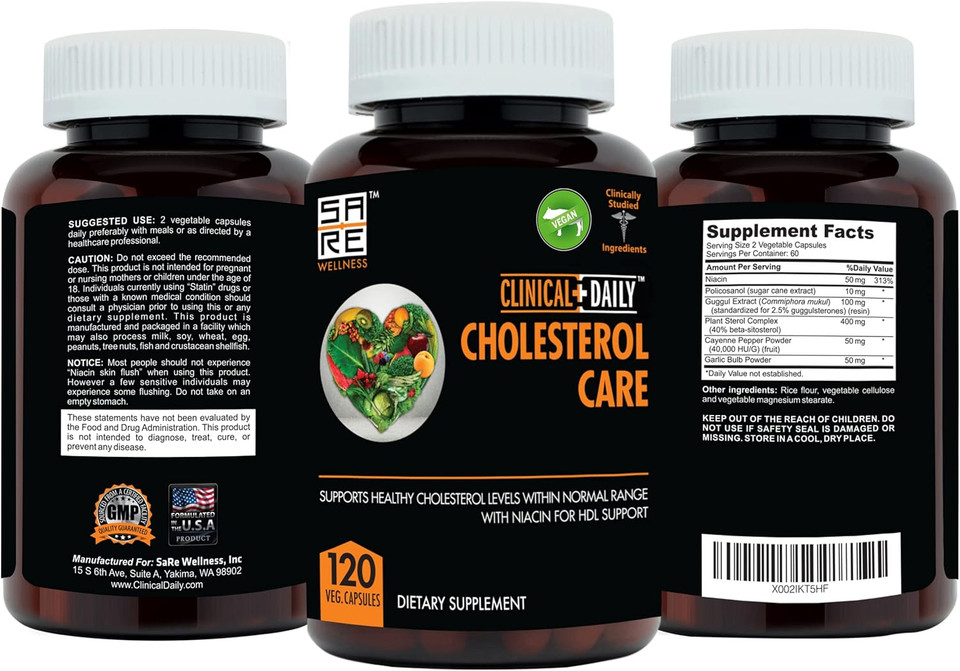 Clinical Daily Cholesterol Care Supplement. Vegan Cholesterol And Triglyceride Supplements. Plant Sterols Supplements Cholesterol Support With Guggul, Garlic, Niacin. 120 Capsules