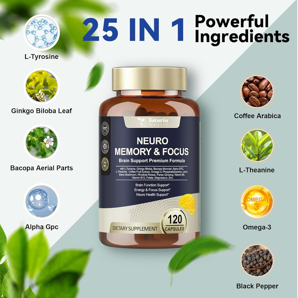 Totara C-Ognitive Brain Supplements For Memory And Focus Men & Woman, L-Tyrosine Ginkgo Biloba, Bacopa Monnieri, Alpha Gpc For Nootropic, Focus Supplement - Non-Gmo, Gluten Free, Vegan