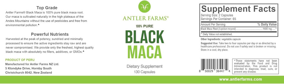 Antler Farms - 100% Pure Black Maca Root, 130 Capsules, 1500Mg  Grown In The Junin Plateau In Peru, Male Energy, Vitality & Stamina, Hormonal Balance, Memory & Mental Clarity
