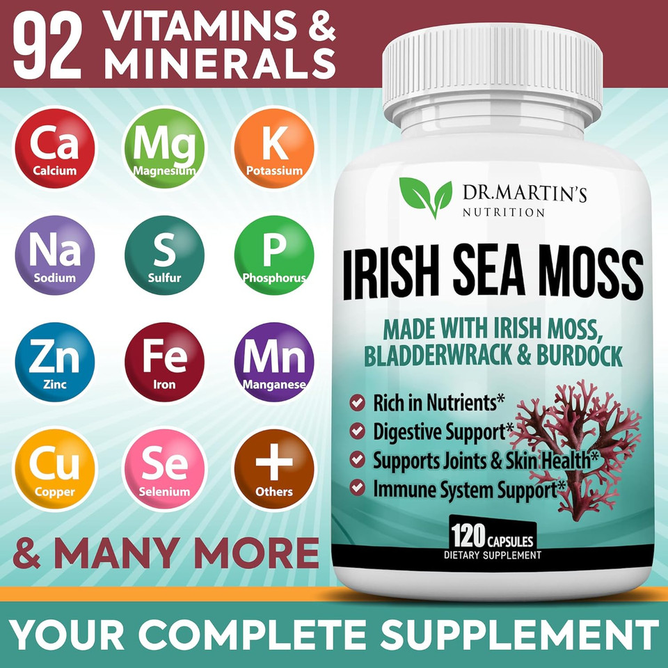 2625Mg Irish Sea Moss Supplement 120 Capsules | Seamoss Bladderwrack Burdock Root Capsules | Contain 92 Vitamins & Minerals For Immunity, Gut, Joint & Skin Health | Support Thyroid, Energy & Digestion