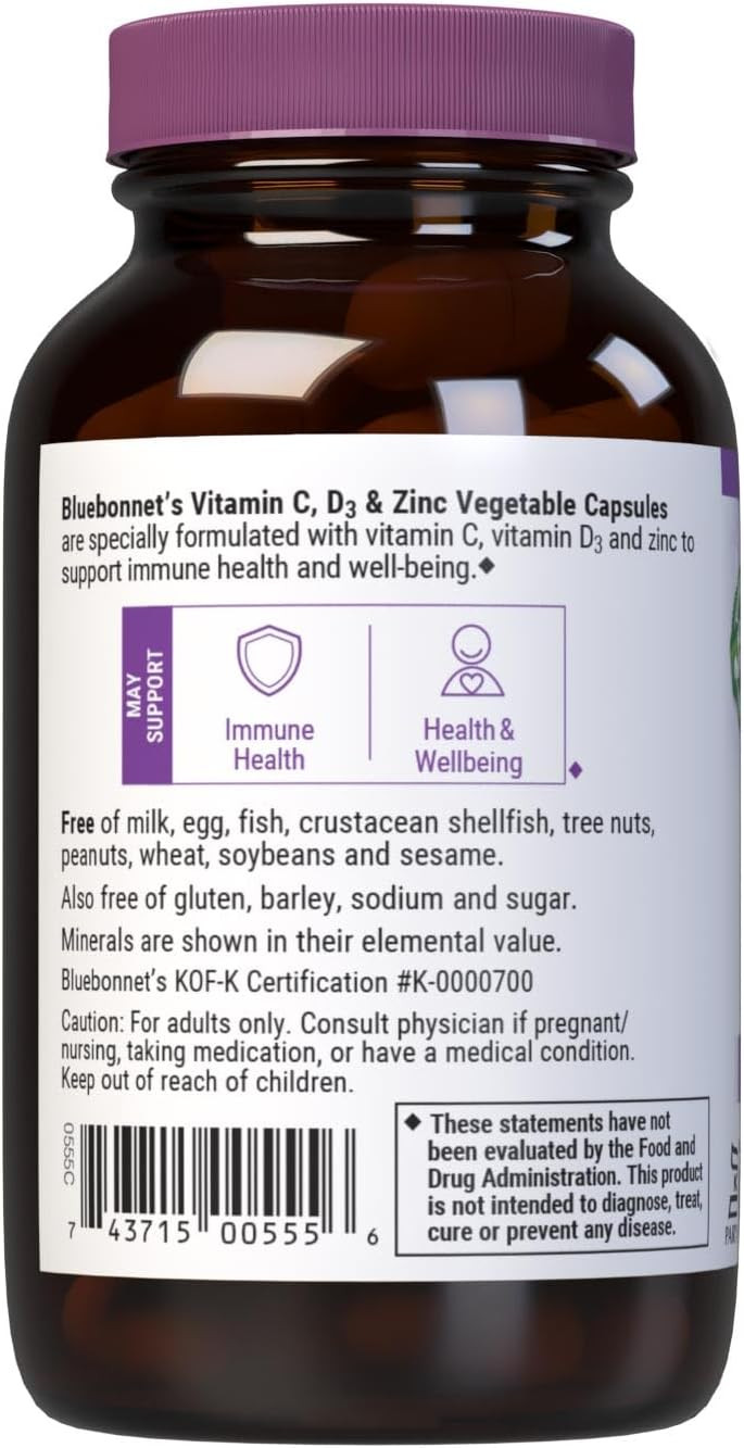 Bluebonnet Nutrition Vitamin C, D3 & Zinc, Immune Health*, Non-Gmo, Kosher Certified, Gluten-Free, Soy-Free, Dairy-Free, 50 Vegetable Capsules, 50 Servings