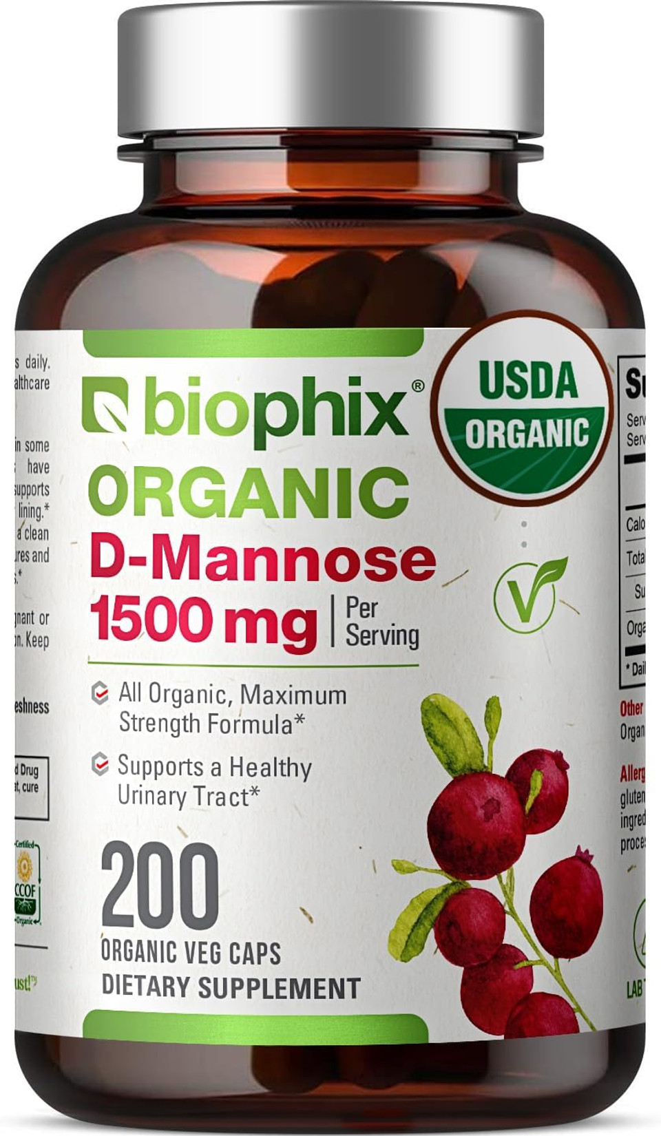 Biophix D-Mannose Usda Organic 1500 Mg 200 Veggie Caps - Supports A Healthy Bladder Urinary Tract, Non-Gmo, Vegan-Friendly