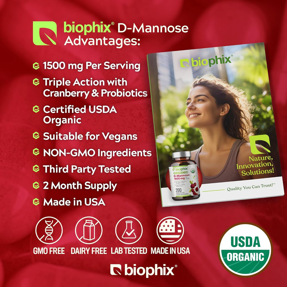 Biophix D-Mannose Usda Organic 1500 Mg 200 Veggie Caps - Supports A Healthy Bladder Urinary Tract, Non-Gmo, Vegan-Friendly