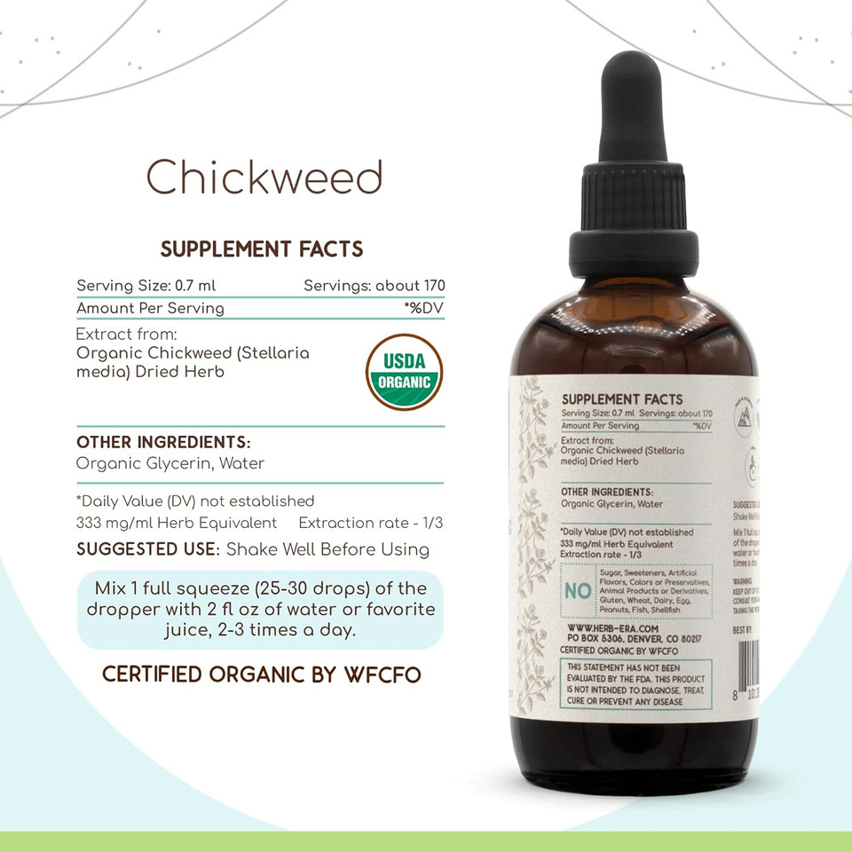 Chickweed B120 (2Pcs) Alcohol-Free Herbal Extract Tincture, Concentrated Liquid Drops Natural Usda Organic Chickweed (Stellaria Media) Dried Above-Ground Parts (2X4 Fl Oz)