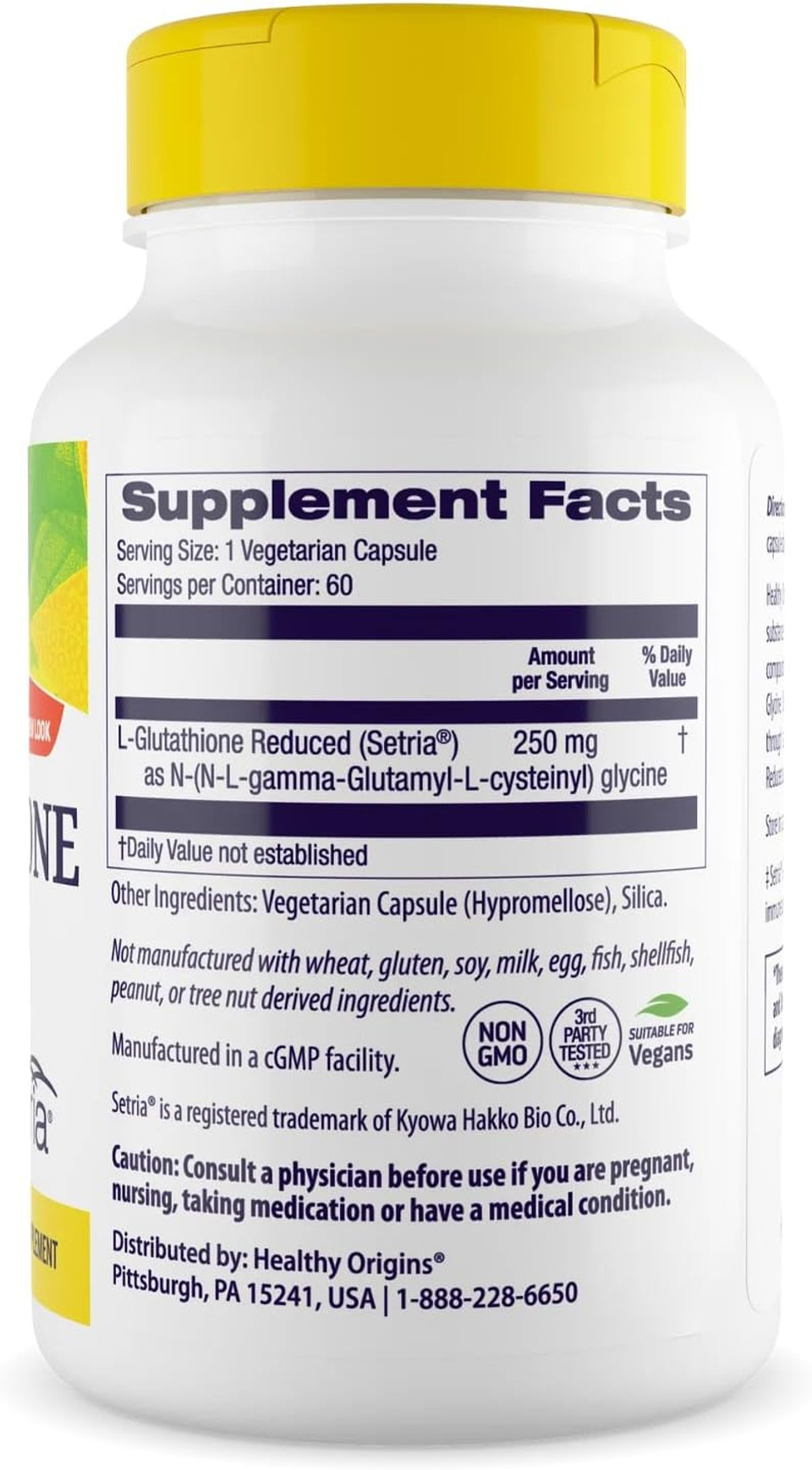 Healthy Origins L-Glutathione 250 Mg (Setria, Non-Gmo, Gluten Free, Antioxidant, Immune Support, Skin Support), 60 Veggie Caps