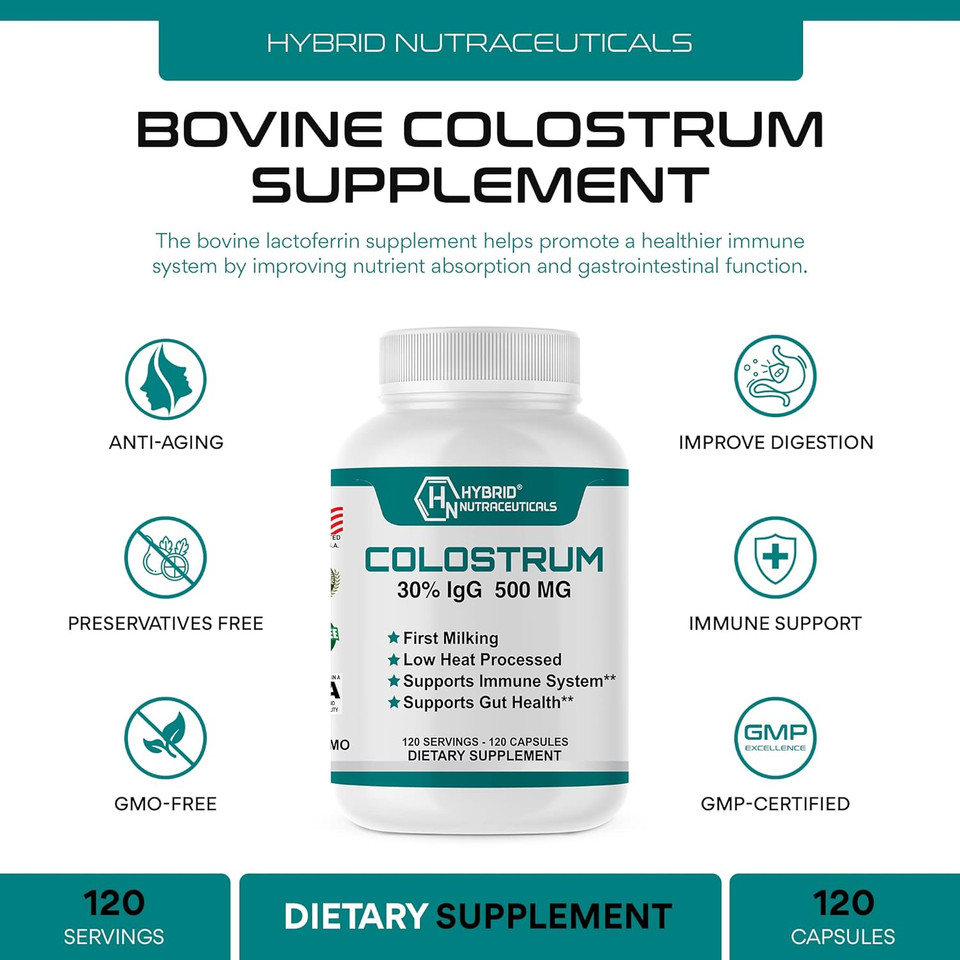Hybrid Nutraceuticals Bovine Colostrum Supplement - Muscle Building - Immune Support - Powerful Digestion - Lactoferrin Supplement (120 Colostrum Capsules - 500Mg - 30% Igg)