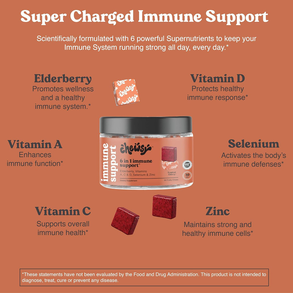 Chewsy - 6-In-1 Immune Support Fruity Chews With Elderberry - Vitamin C, A And D, Zinc And Selenium - Individually Wrapped - 6-Day Supply