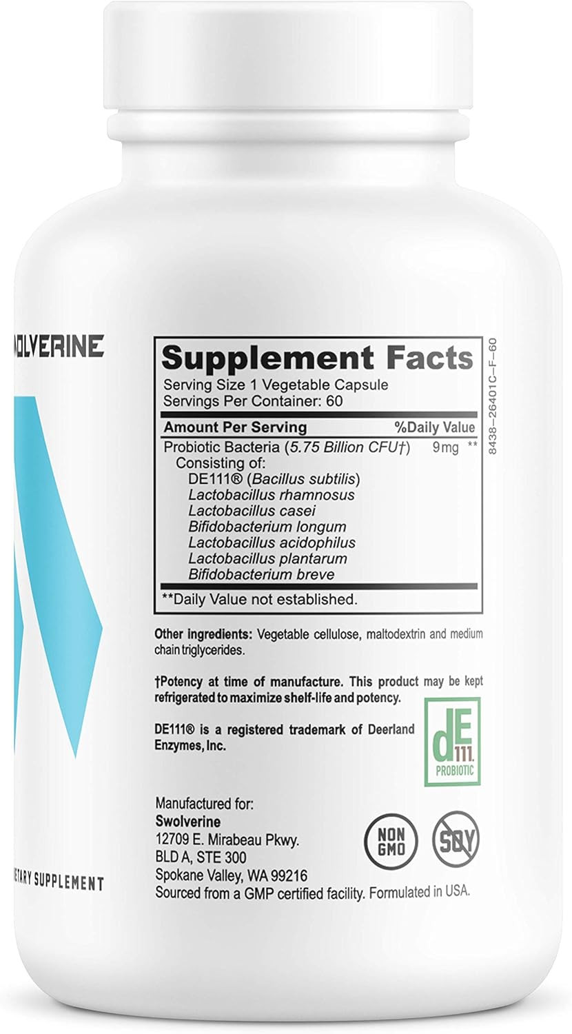 Swolverine Probiotix | Advanced Probiotic Supplement, De111 Bacillus Subtilis, Digestive Health, Gut Health, Immune System Support, (60 Servings) Veggie Capsule
