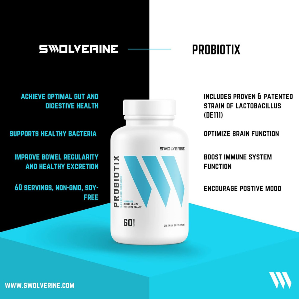 Swolverine Probiotix | Advanced Probiotic Supplement, De111 Bacillus Subtilis, Digestive Health, Gut Health, Immune System Support, (60 Servings) Veggie Capsule