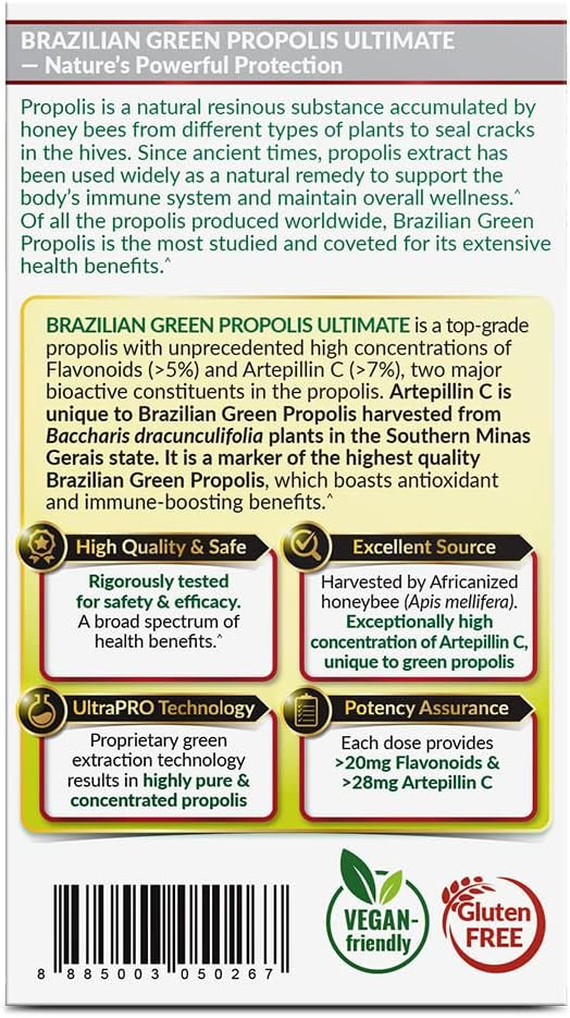 Labo Nutrition Brazilian Green Propolis Ultimate  Propolis Extract With 28Mg Artepillin C And 5% Flavonoids Natural Bee Supplement For Immune, Brain Support High Concentrate Propolis, 60 Veg Capsx3