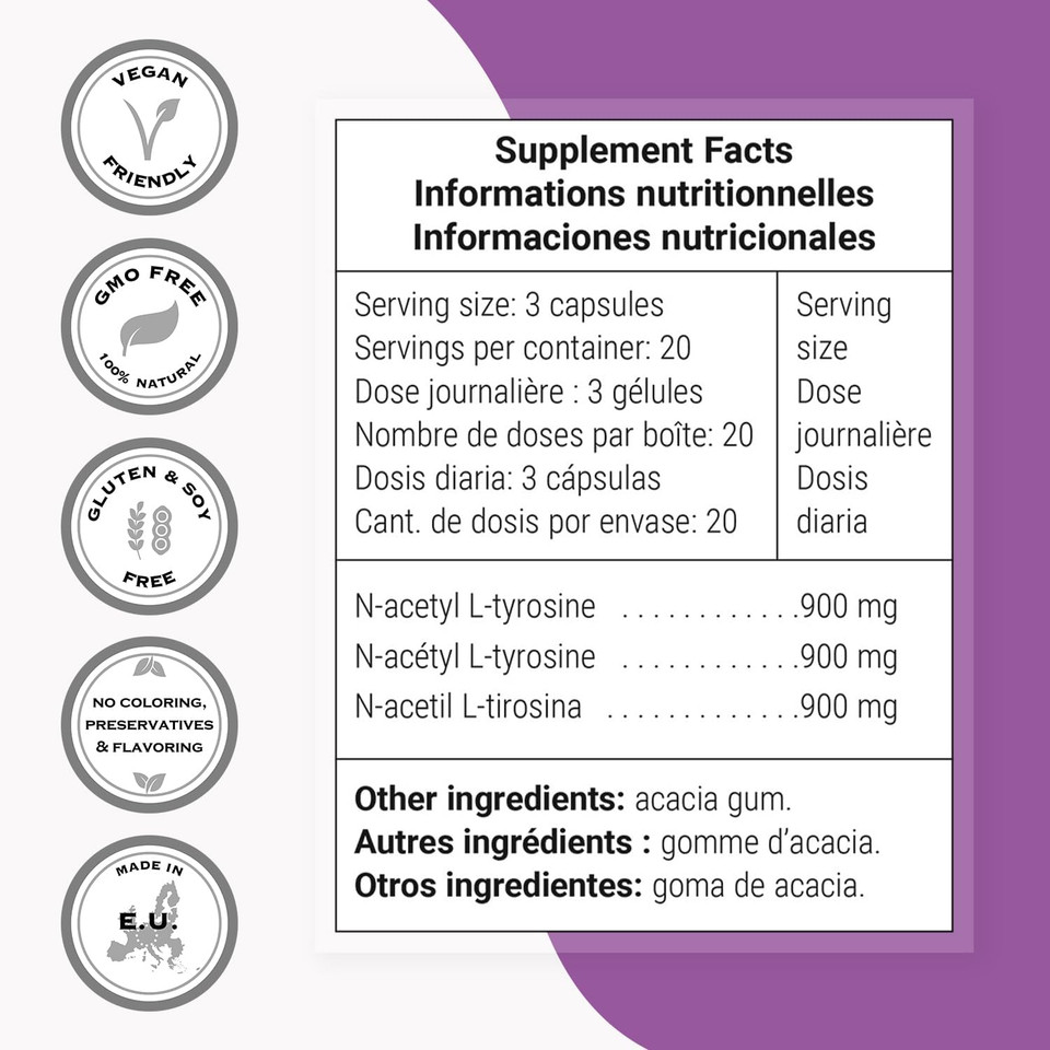 Supersmart - N-Acetyl L-Tyrosine Supplement 900Mg Per Day (High Strength) - Nalt N-Acetyl L-Tyrosine - Nootropic Amino Acids | Non-Gmo & Gluten Free - 60 Vegetarian Capsules